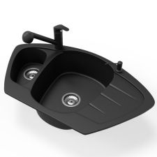 Nero Gránit mosogató NERO Compact + kihúzható zuhanyfejes Shower csaptelep + adagoló (fekete matt) mosogatótálca