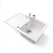 Nero Gránit mosogató NERO Eris + kihúzható zuhanyfejes Shower csaptelep + adagoló + dugókiemelő (fehér) mosogatótálca
