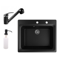Nero Gránit mosogató NERO Italia + kihúzható Shower csaptelep + adagoló (matt fekete) csaptelep