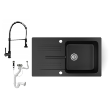 Nero Gránit mosogató NERO Malta + kihúzható zuhanyfejes Loop Spiral csaptelep + dugókiemelő (matt fekete) csaptelep