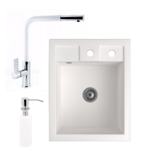 Nero Gránit Mosogató NERO Parma + kihúzható fejes Linea csaptelep + adagoló + szifon (fehér) mosogatótálca