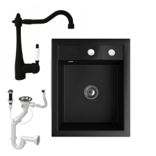 Nero Gránit mosogató NERO Parma + Retro csaptelep + dugókiemelő + szifon (matt fekete) mosogatótálca