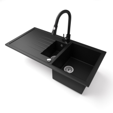 Nero Gránit mosogató - Nero Solarys + kihúzható zuhanyfejes Snake csaptelep + dugókiemelő (matt fekete) mosogatótálca