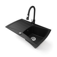 Nero Gránit mosogatótálca NERO Venezia + kihúzható zuhanyfejes Snake csaptelep + dugókiemelő (matt fekete) mosogatótálca