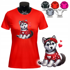  NŐI NYOMTATOTT PÓLÓ - ARANYOS HUSKY KUTYAFAJTA RÓZSÁK - L