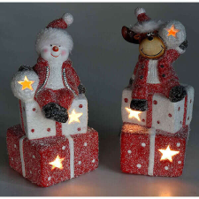 Nonbrand Ajándékon ülő Hóember Ledes világítással 18,5 cm - karácsonyi dekoráció karácsonyi dekoráció