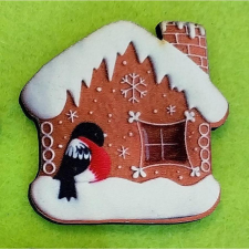 Nyomtatott fa mézeskalács ház madárkával. Mérete: 5x5 cm dekorációs kellék