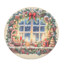  Nyomtatott fa tábla koszorú közép Karácsonyi ablak mintával 11,8cm dekorációs kellék