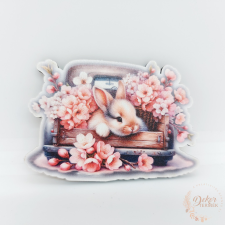  Nyuszi autón virágokkal - fa tábla dekorációs kellék