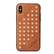 OEM FIERRE SHANN bőrhatású műanyag tok szegecses Apple iPhone XS Max barna tok és táska