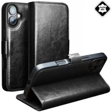 OEM QIALINO Oldalra nyitható bőrtok Apple iPhone 16 fekete tok és táska