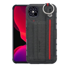 OEM Szilikon telefonvédő (ütésállóság. asztali tartó. kártyazseb. textil hátlap + kézpánt) FEKETE tok és táska