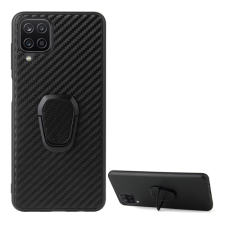 OEM Szilikon telefonvédő (ütésállóság. bőr hatású hátlap. kitámasztó. karbon minta) FEKETE tok és táska