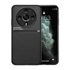 OEM Szilikon telefonvédő (ütésállóság. mágneses. bőr hatású hátlap. csíkos) FEKETE tok és táska