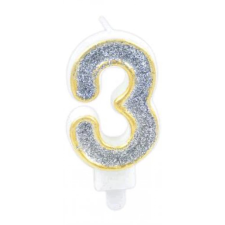 OEM Szülinapi '3' ezüst glitter gyertya / 7 cm party kellék