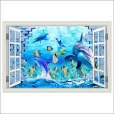  Öntapadó tapéta Dolphin ablak, zátony, hal, téglafal, 300 x 200 cm tapéta, díszléc és más dekoráció