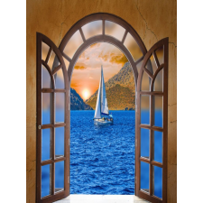  Öntapadós tapéta Fa kapu, tenger, csónak, 150 x 205 cm tapéta, díszléc és más dekoráció