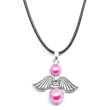  Őrangyal medál pink mesterséges gyöngyökkel, fekete bőr nyaklánccal nyaklánc