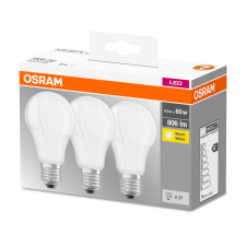  OSRAM Base LED körte, matt plasztik búra, 8,5W 806lm 2700K E27 − 3 db-os szett, átlagos élettartam: 10000 óra, fényszín: meleg fehér LED BASE CL A 60 FR 8.5W 2700K E27 x3 ( 4052899955493 ) izzó