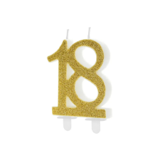 PartyDeco születésnapi glitter gyertya, 18, arany, 10cm party kellék