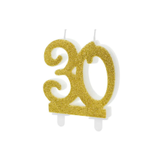 PartyDeco születésnapi glitter gyertya, 30, arany, 10cm party kellék