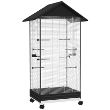 PawHut Madárkalitka, Kivehető Tálcával, Forgókerekekkel és Etetővel, 79x65x155 cm, Fekete madár kalitka