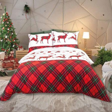  Piros kockás rénszarvasos egyszemélyes flanel ágyneműhuzat 2 db-os szett díszdobozban lakástextília