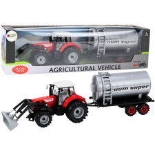 Piros mezőgazdasági traktor kotrógéppel és tartállyal autópálya és játékautó