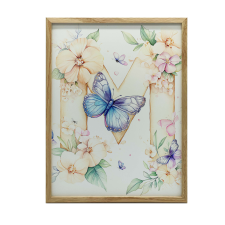PLAKÁT FALRA ARANY KERETBEN M BETŰ VIRÁGOK PILLANGÓ 30x40 CM grafika, keretezett kép