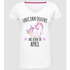 Pólómánia Unicorn queens are born in - April - Női Prémium V nyakú Póló