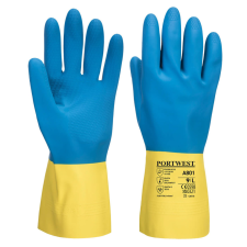 Portwest A801 Duplán Mártott Latex Védőkesztyű (kék/sárga, 8/M) védőkesztyű