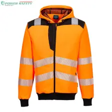 Portwest PW3 Hi-Vis zippzáras kapucnis pulóver - Narancs/Fekete láthatósági ruházat
