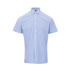 Premier Férfi ing Premier PR221 Men'S Short Sleeve Gingham Cotton Microcheck Shirt -2XL, Light Blue/White