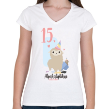 PRINTFASHION 15. Alpakaliptikus születésnap - Alpaca póló 15. születésnapra - Női V-nyakú póló - Fehér női póló