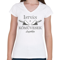PRINTFASHION A kőművesek legjobbja - névvel - Női V-nyakú póló - Fehér