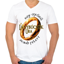 PRINTFASHION A Lánybúcsúk Ura, egy gyűrű mind felett! - Férfi V-nyakú póló - Fehér férfi póló