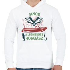 PRINTFASHION A legmenőbb horgász - Névvel - Férfi kapucnis pulóver - Fehér