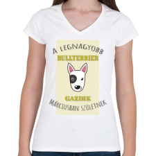 PRINTFASHION A legnagyobb gazdi - Bullterrier - hónappal - Női V-nyakú póló - Fehér női póló