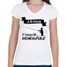 PRINTFASHION A legnagyobb horgász (egyedi névvel kérhető) - Női V-nyakú póló - Fehér női póló