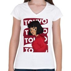 PRINTFASHION A nagy pénzrablás - TOKYO - Női V-nyakú póló - Fehér
