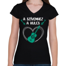 PRINTFASHION A szívemhez a kulcs - Gitár - Női V-nyakú póló - Fekete