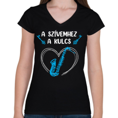 PRINTFASHION A szívemhez a kulcs - Szaxofon - Női V-nyakú póló - Fekete