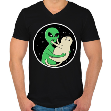 PRINTFASHION Alien és macska - Férfi V-nyakú póló - Fekete férfi póló