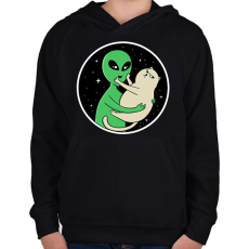 PRINTFASHION Alien és macska - Gyerek kapucnis pulóver - Fekete