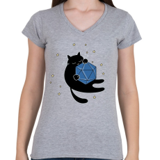 PRINTFASHION Alvó cica (fekete) és D20 - Női V-nyakú póló - Sport szürke