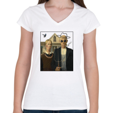 PRINTFASHION American gothic- Parody - Női V-nyakú póló - Fehér