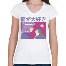PRINTFASHION Animés csaj és cica - Női V-nyakú póló - Fehér női póló