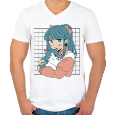 PRINTFASHION Animés lány cicával - Férfi V-nyakú póló - Fehér férfi póló