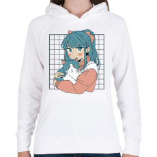 PRINTFASHION Animés lány cicával - Női kapucnis pulóver - Fehér