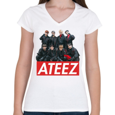 PRINTFASHION Ateez Team - Női V-nyakú póló - Fehér női póló